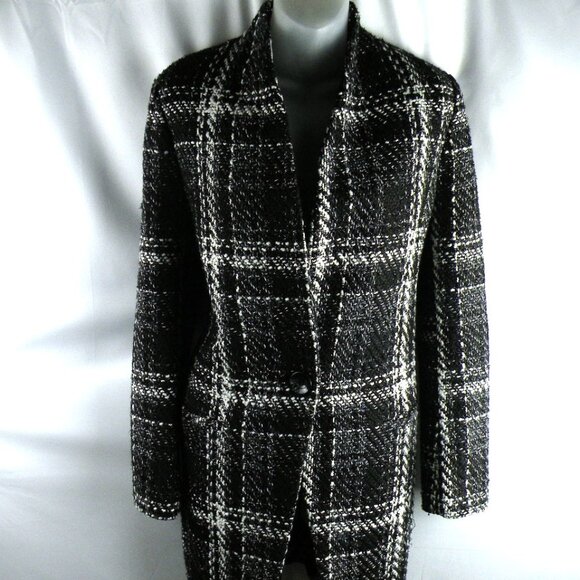 Express Tweed Plaid Collarless 1 Button Long Jacket Blazer Coat Small - Picture 2 of 8